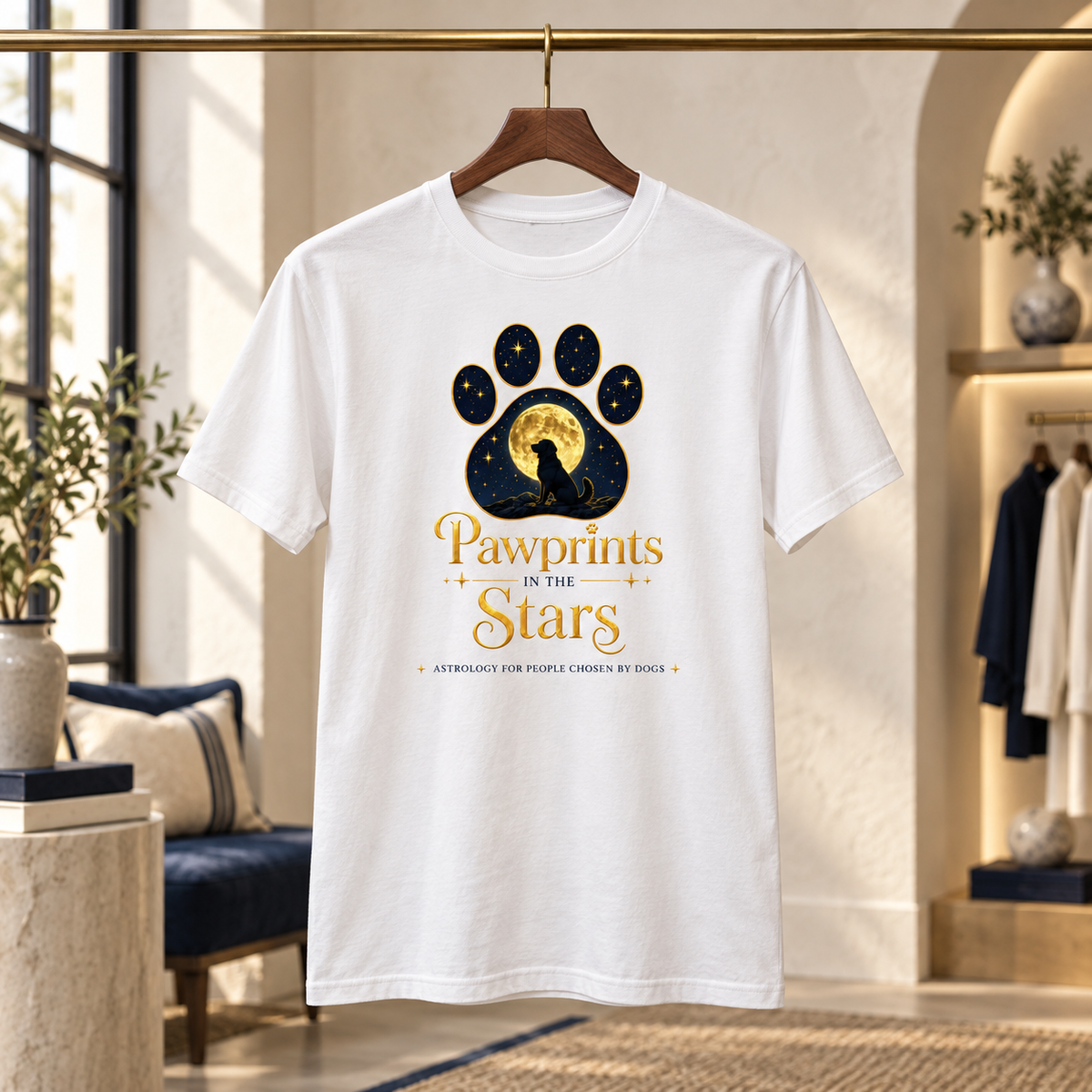 Pawprints in the Stars dogs unisex T-shirt displayed in a boutique