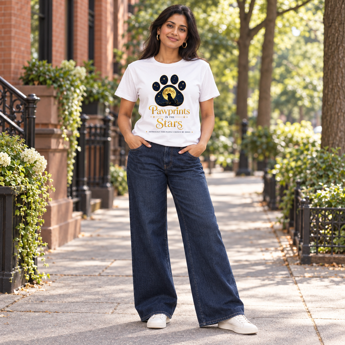 Pawprints in the Stars dogs unisex T-shirt on a model