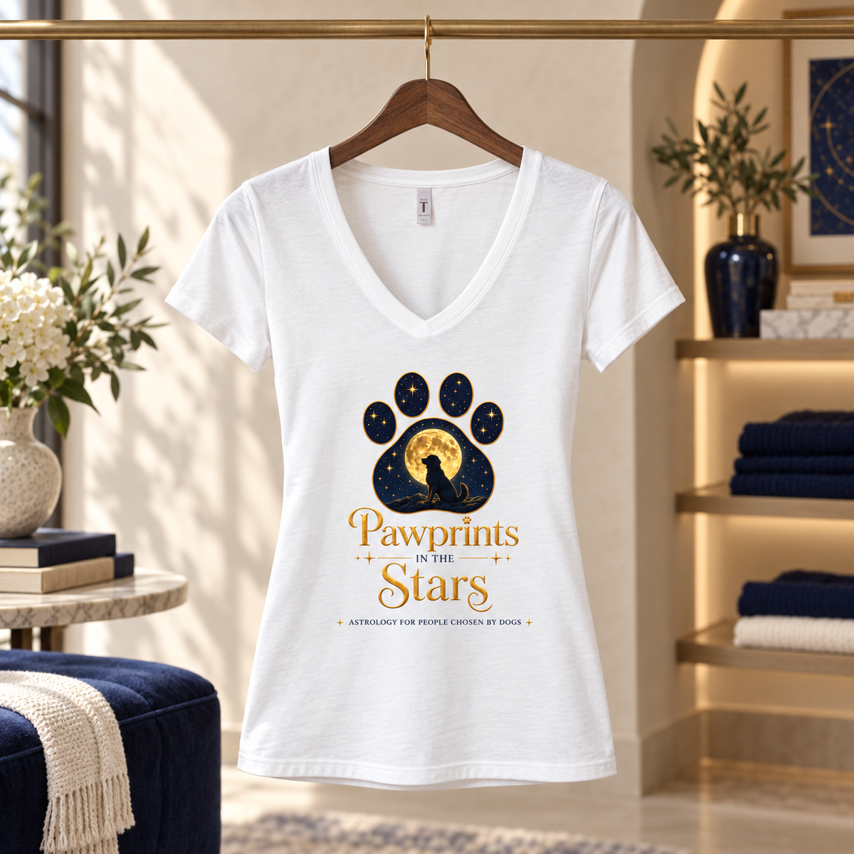 Pawprints in the Stars dogs women's V-neck T-shirt displayed in a boutique