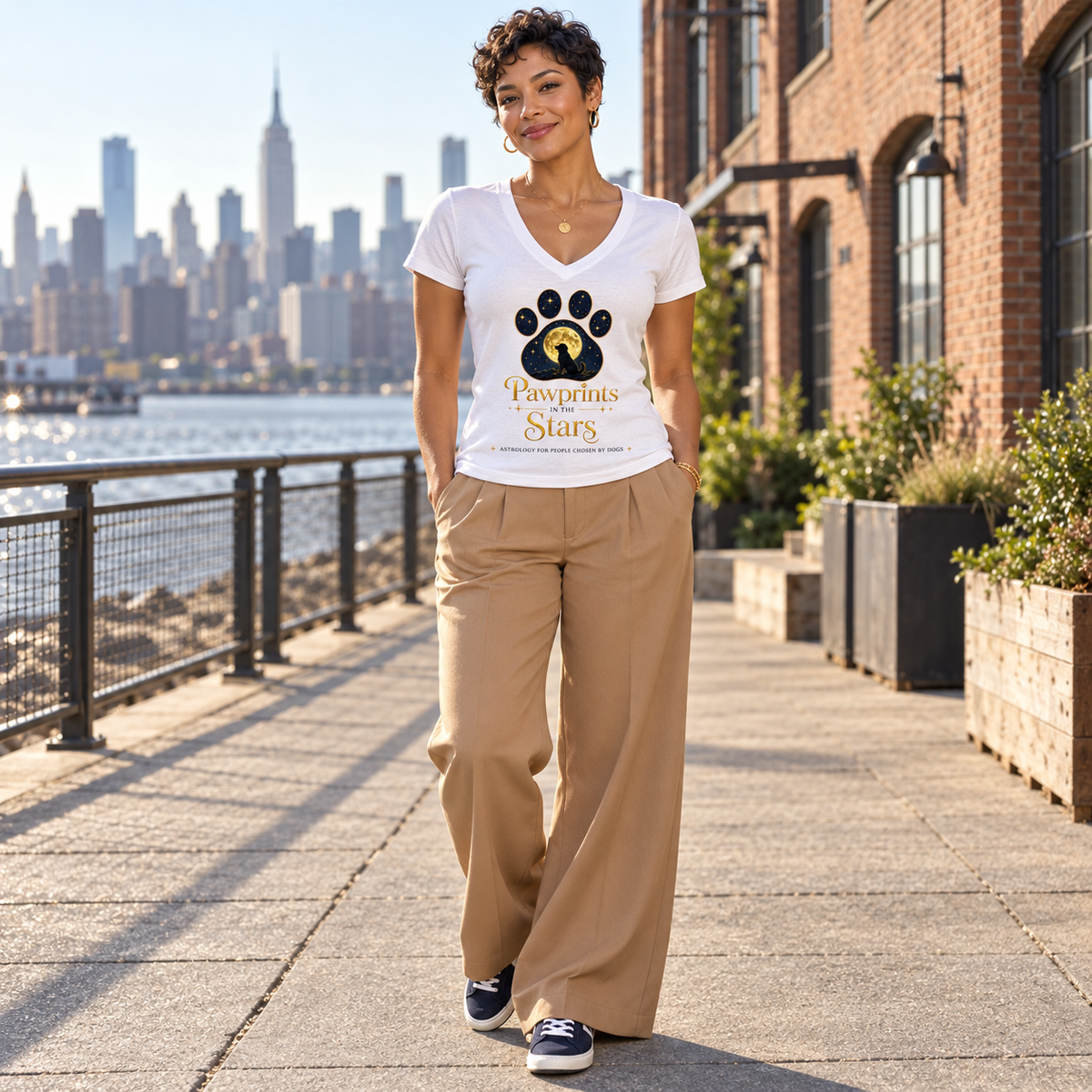 Pawprints in the Stars dogs women's V-neck T-shirt on a model