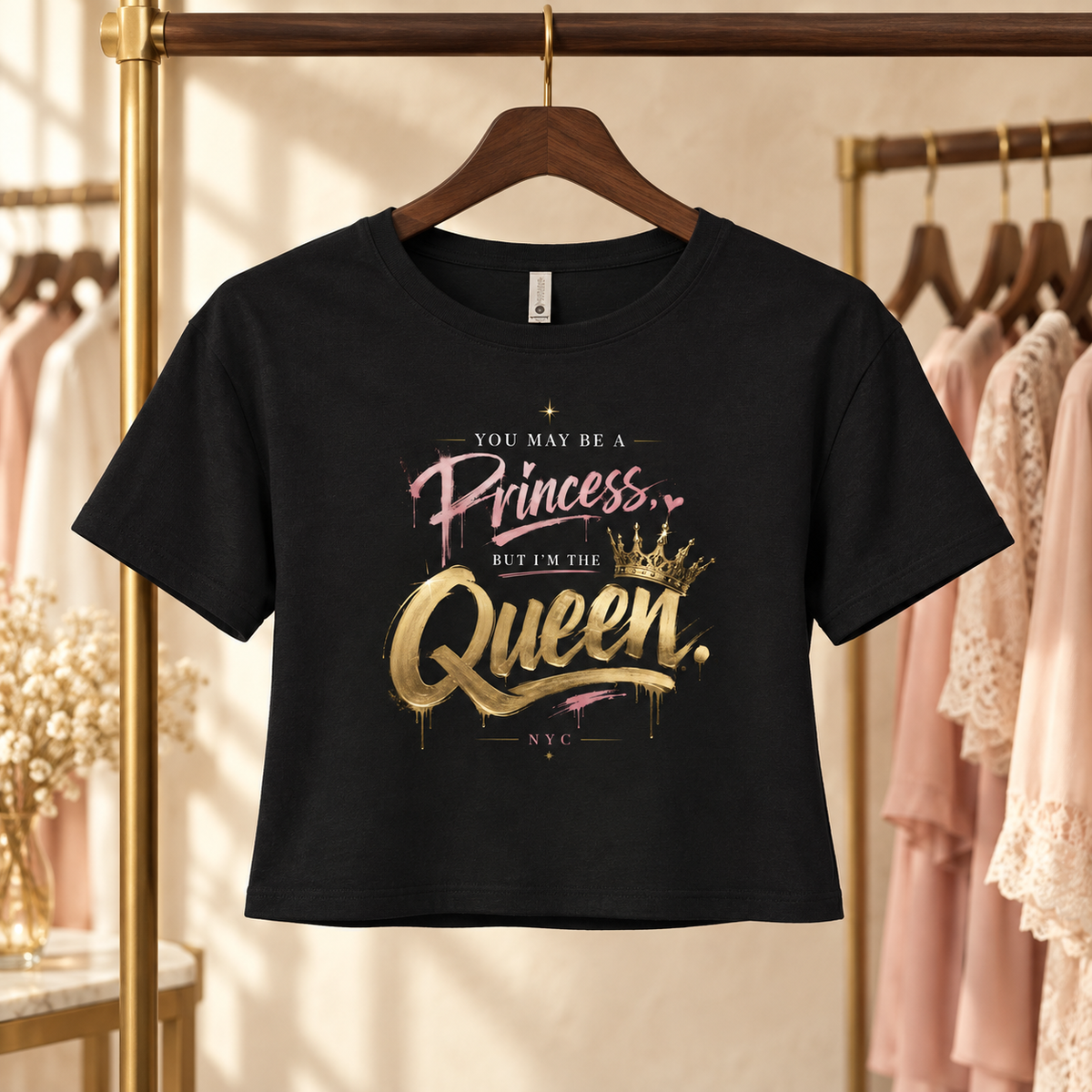 Black Princess but I'm a Queen crop top hanging in a boutique