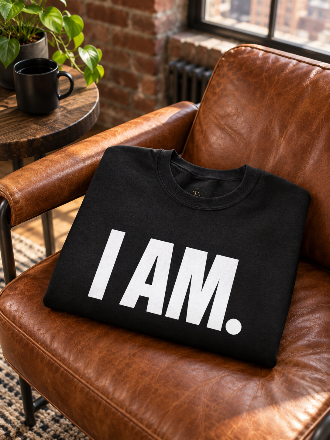 Folded black I AM. statement crewneck sweatshirt on a leather chair