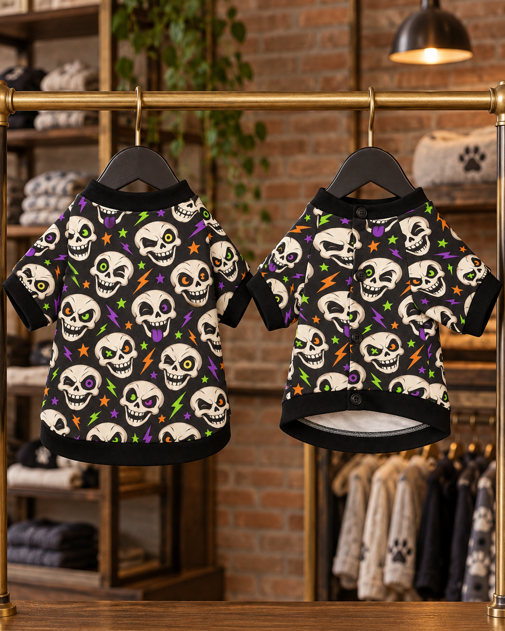 Neon Skull Halloween Pet Shirt front and back views displayed on hangers