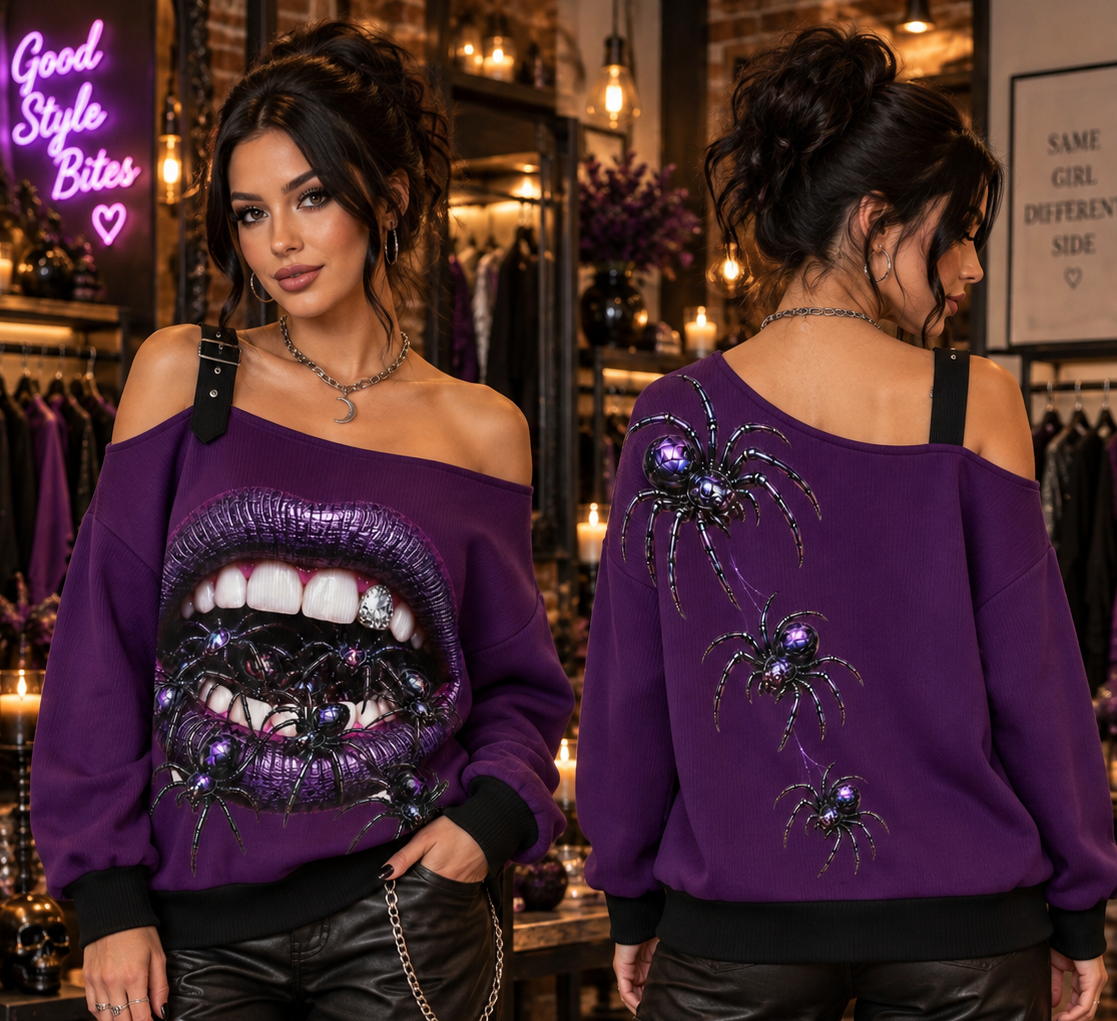 VENOMOUS Purple Spider Off-the-Shoulder Sweatshirt