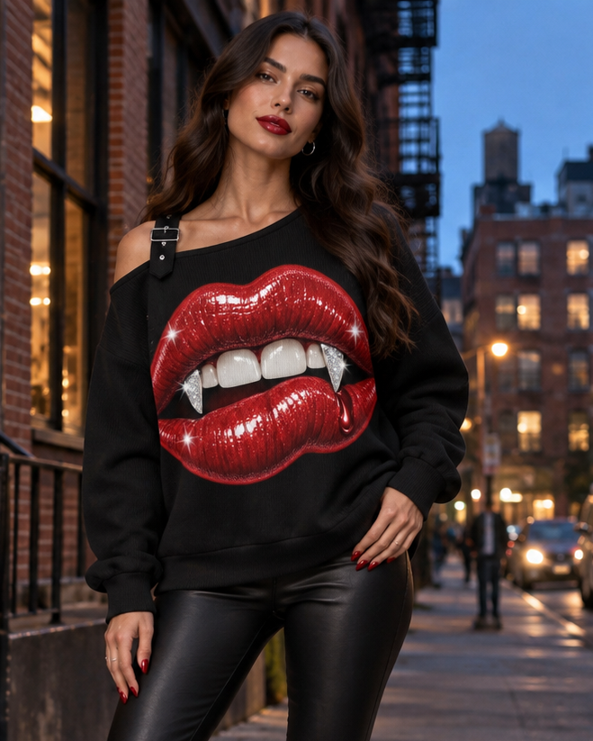 Model wearing the black BITE BACK red fang off-the-shoulder sweatshirt