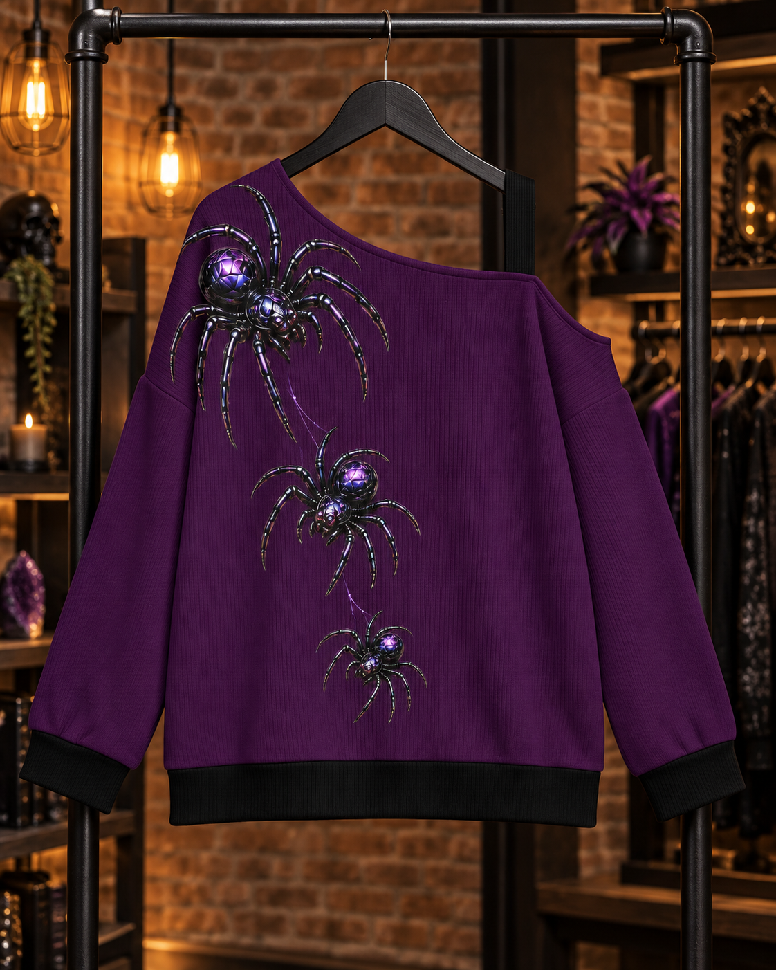 VENOMOUS Purple Spider Off-the-Shoulder Sweatshirt