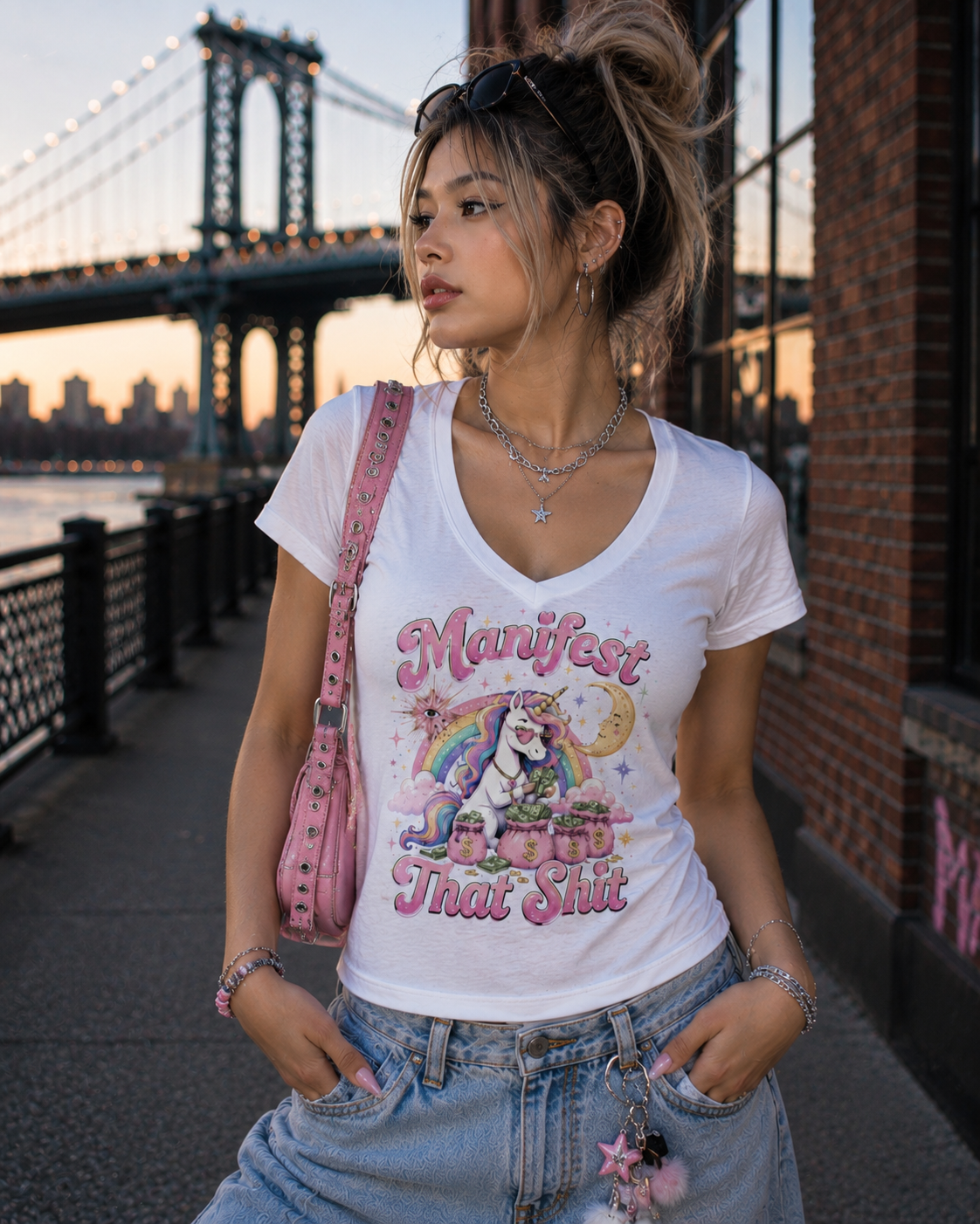 Manifest That Shit Unicorn Women's V-Neck Graphic Tee