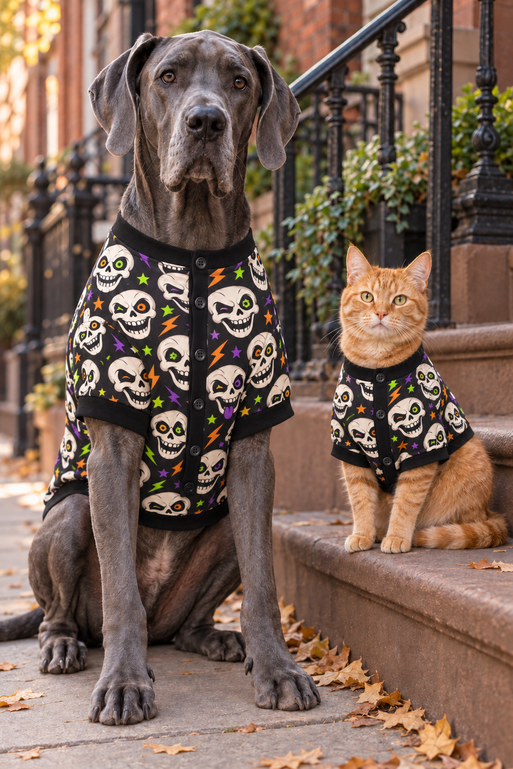 Great Dane and orange tabby cat wearing Neon Skull Halloween Pet Shirts