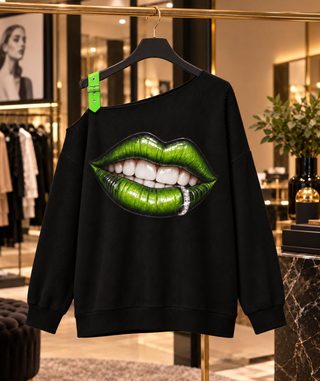 TOXIC black off-the-shoulder sweatshirt with glossy green lips, front view