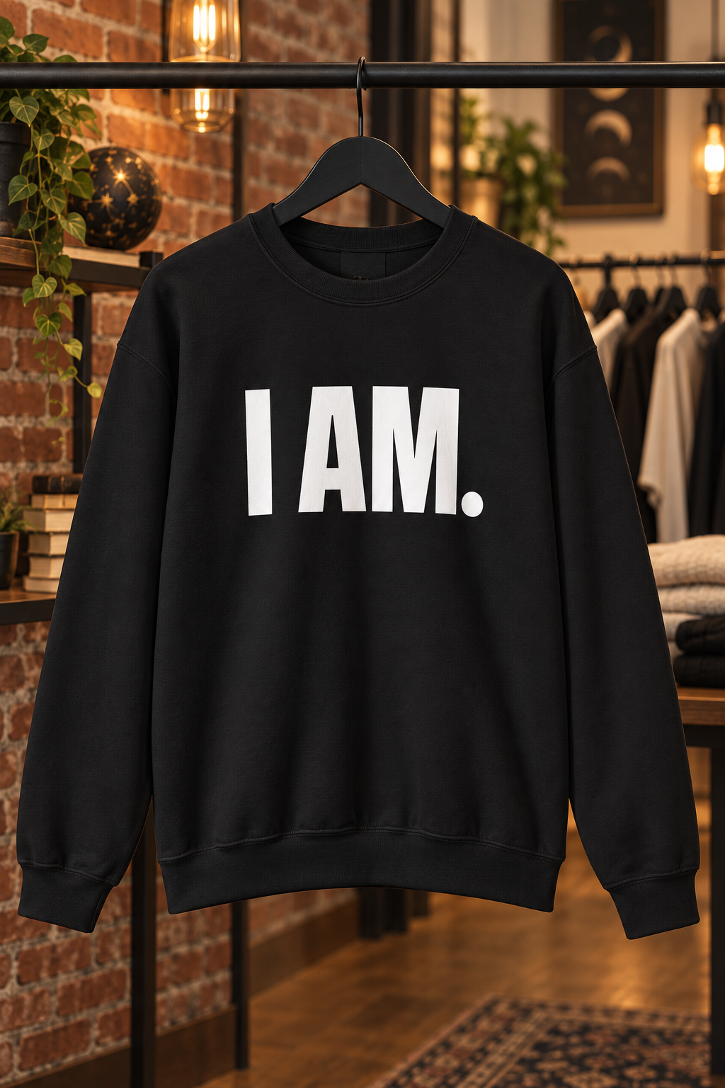 Black I AM. statement crewneck sweatshirt displayed on a hanger
