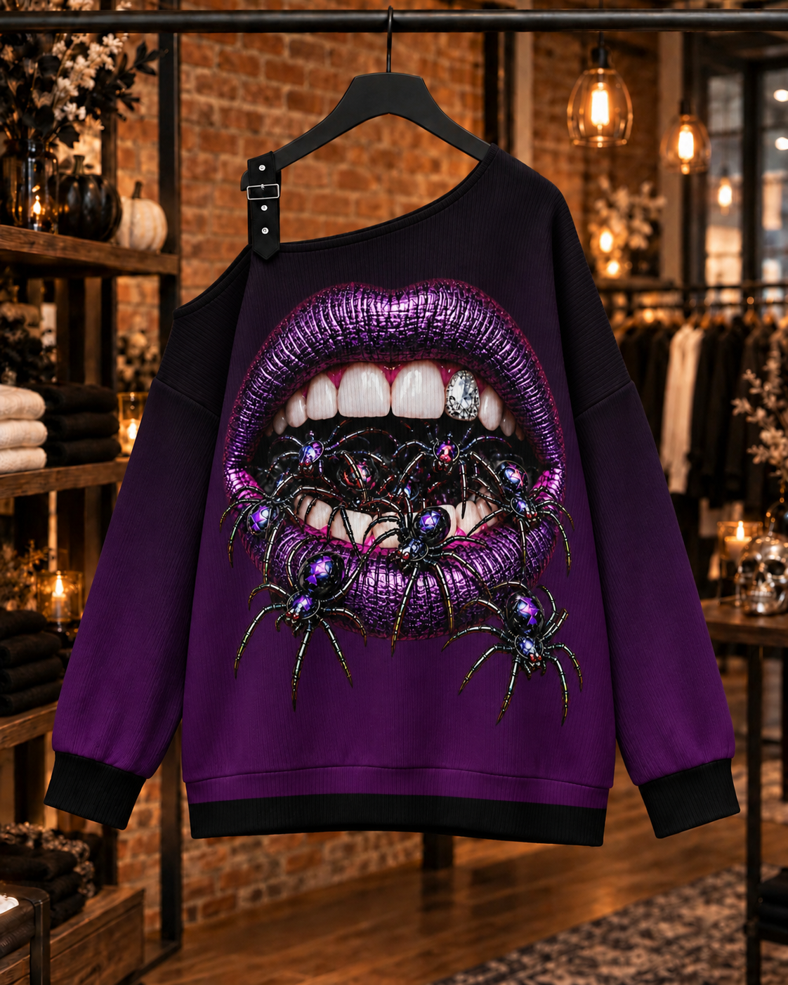 VENOMOUS purple and black off-the-shoulder sweatshirt on hanger, front view