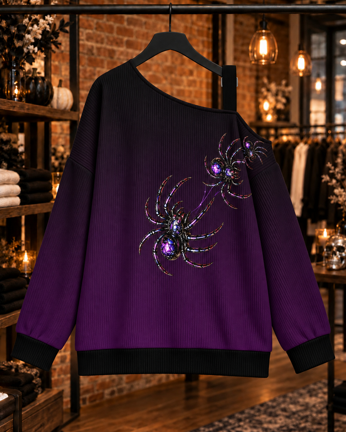 VENOMOUS purple and black off-the-shoulder sweatshirt on hanger, back view