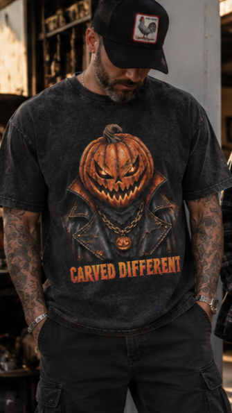 CARVED DIFFERENT Jack-O’-Lantern Men’s Washed Cotton T-Shirt
