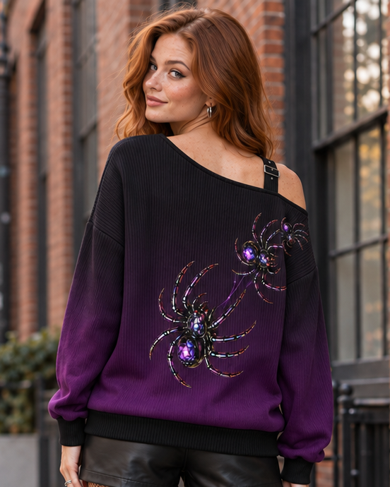 Model wearing the VENOMOUS sweatshirt, back view with jeweled spiders