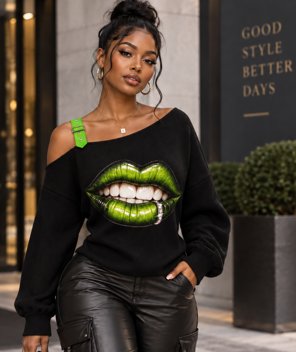 Model wearing the black TOXIC green lips off-the-shoulder sweatshirt