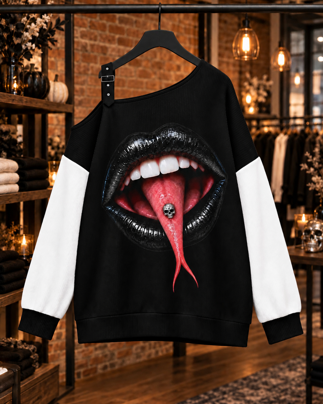SHARP TONGUE Snake-Tongue Off-the-Shoulder Sweatshirt