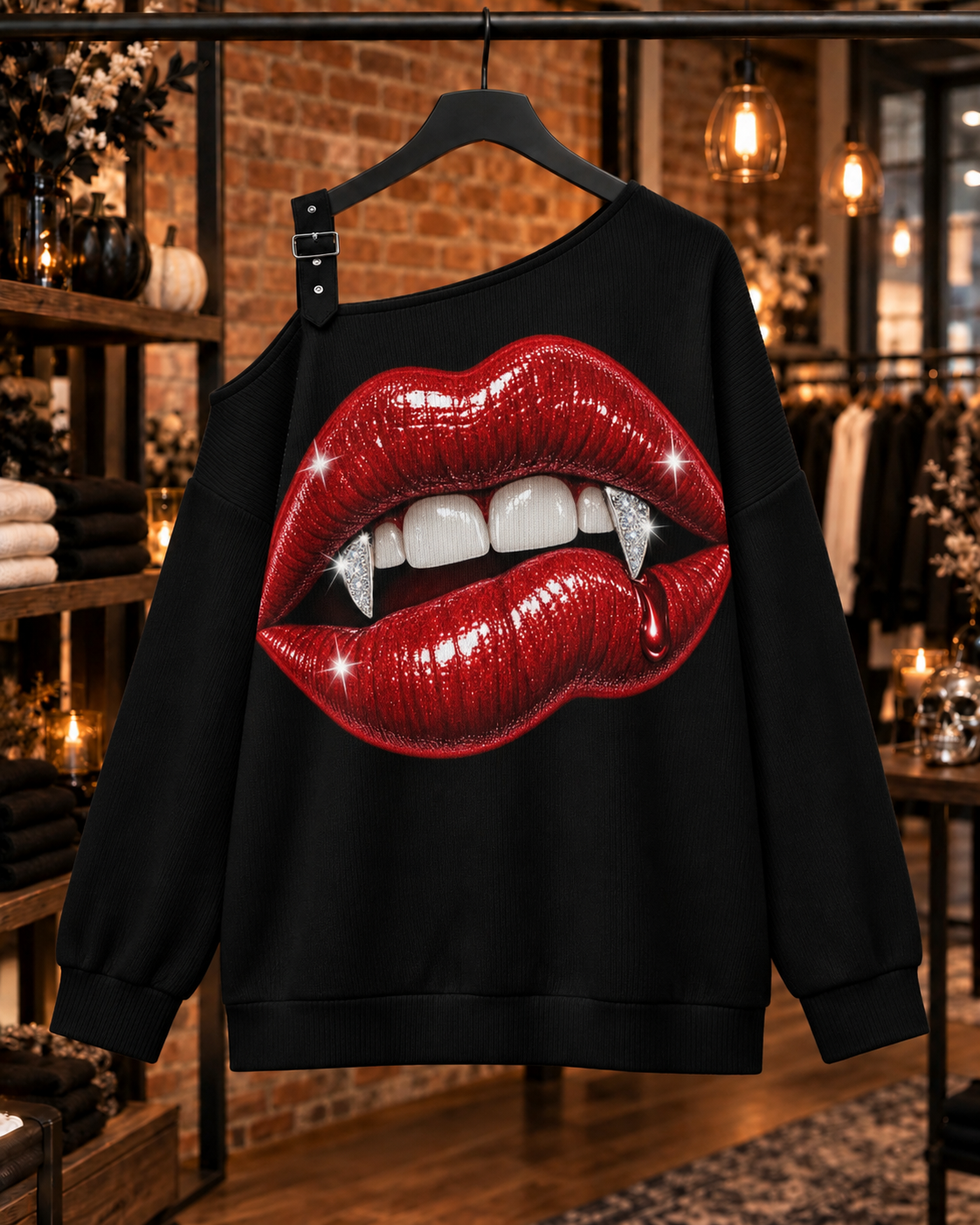 BITE BACK black off-the-shoulder sweatshirt with glossy red vampire lips, front view