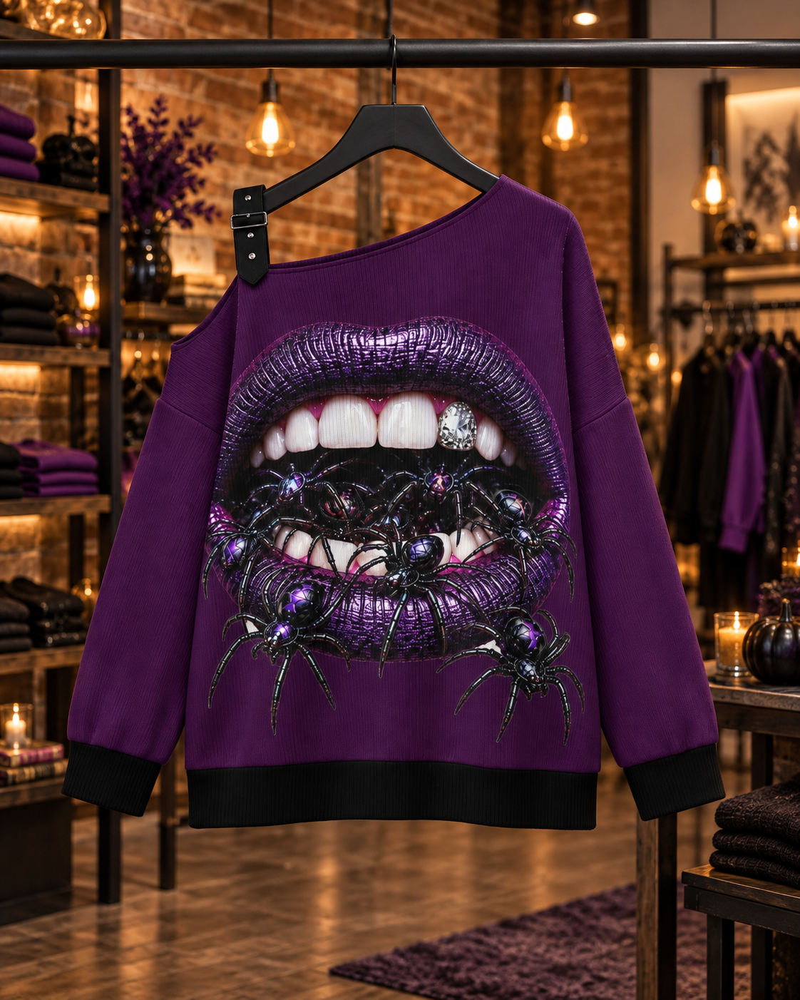VENOMOUS Purple Spider Off-the-Shoulder Sweatshirt