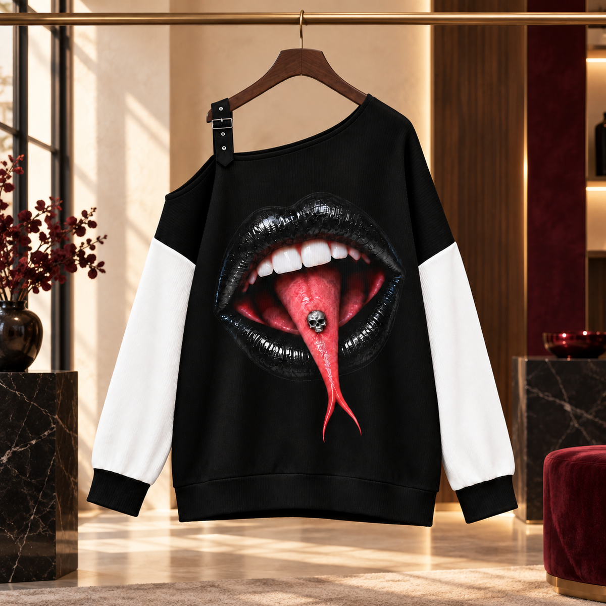 SHARP TONGUE off-the-shoulder sweatshirt displayed in a boutique