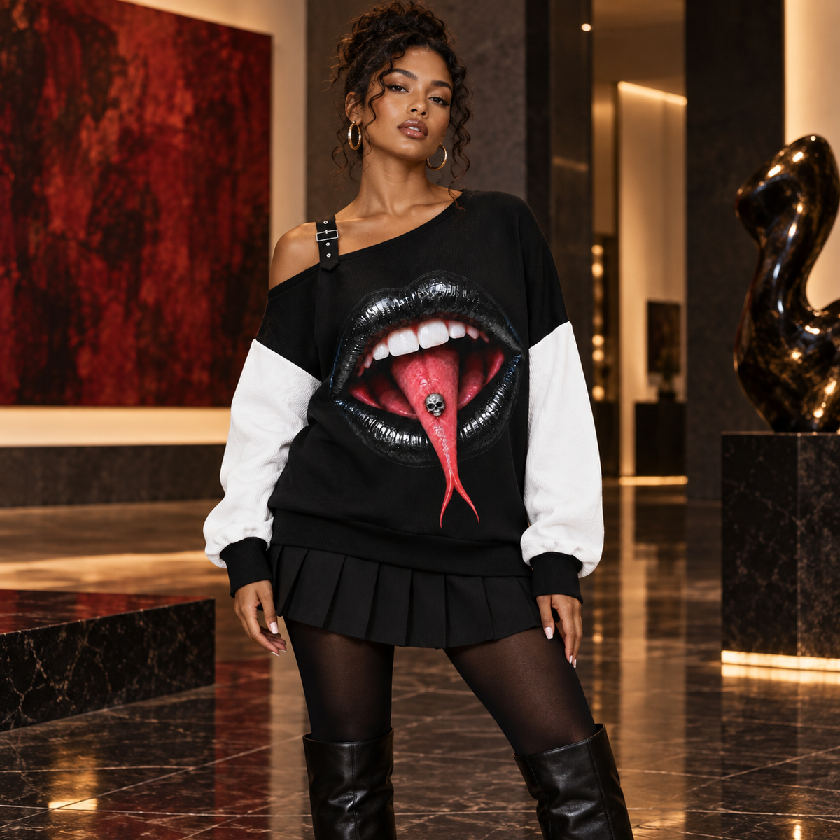 SHARP TONGUE off-the-shoulder sweatshirt on a model