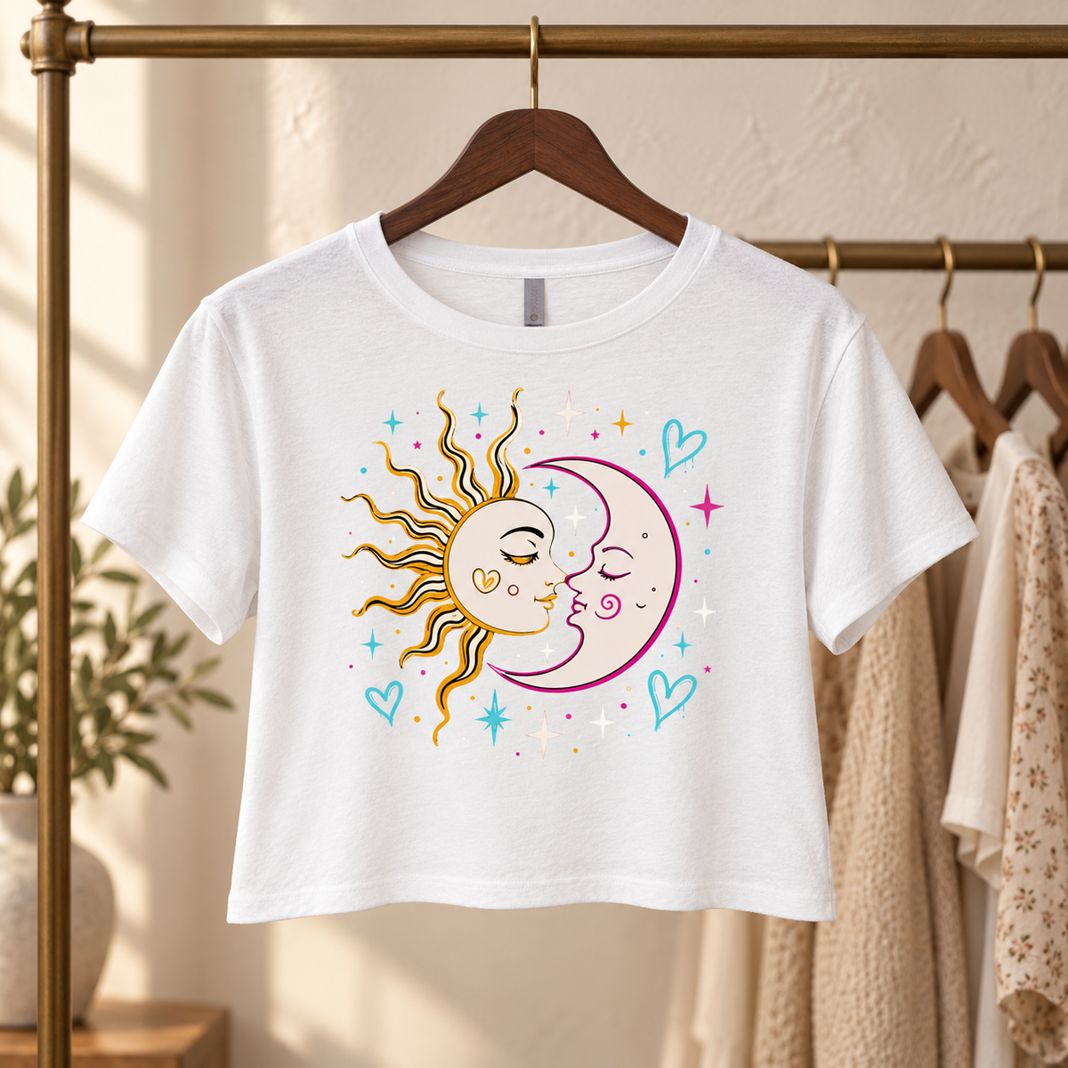 White Sun and Moon crop top hanging in a boutique