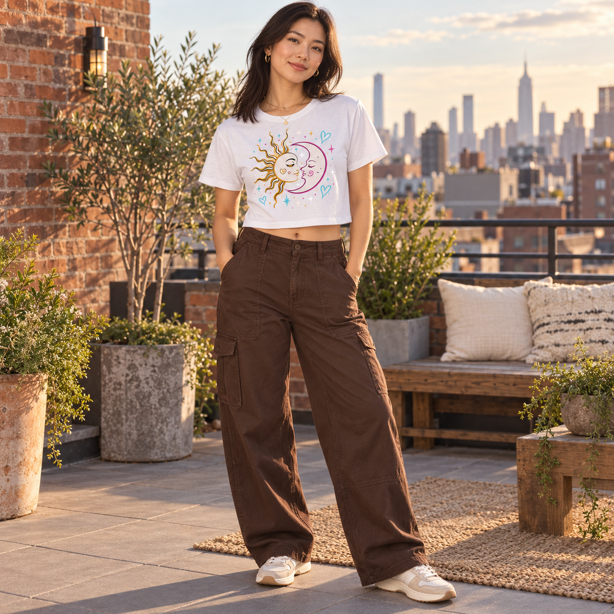 Woman modeling the white Sun and Moon crop top