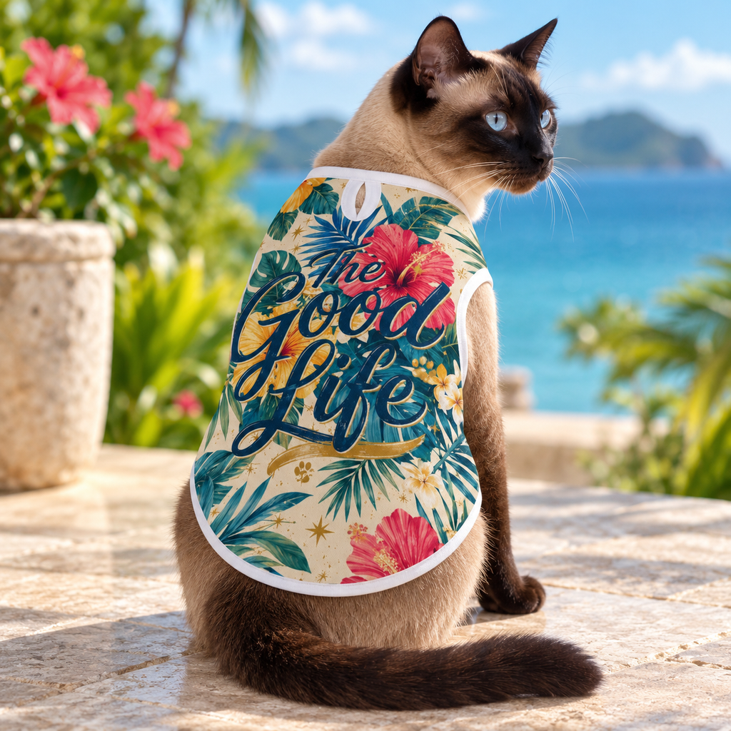 Siamese cat wearing The Good Life tropical pet shirt