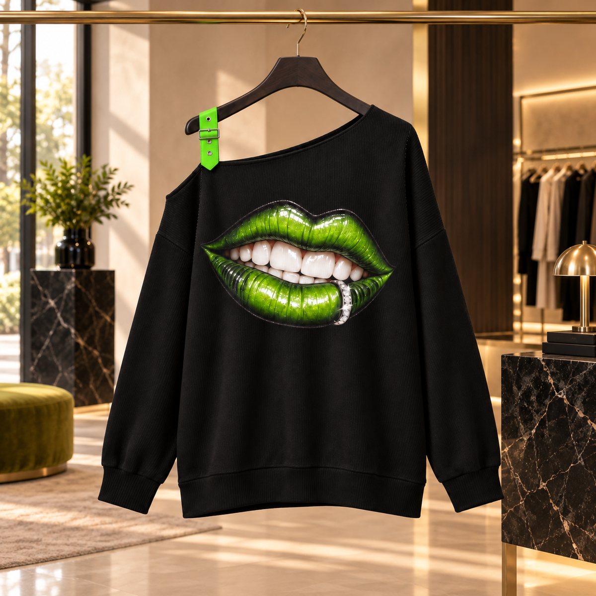 TOXIC green lips off-the-shoulder sweatshirt displayed in a boutique