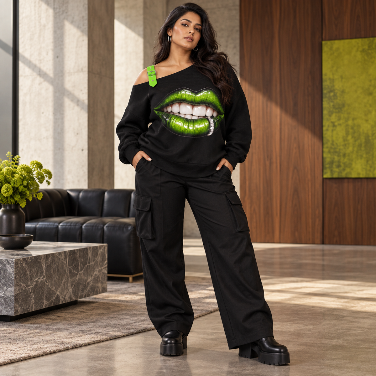 TOXIC green lips off-the-shoulder sweatshirt on a model
