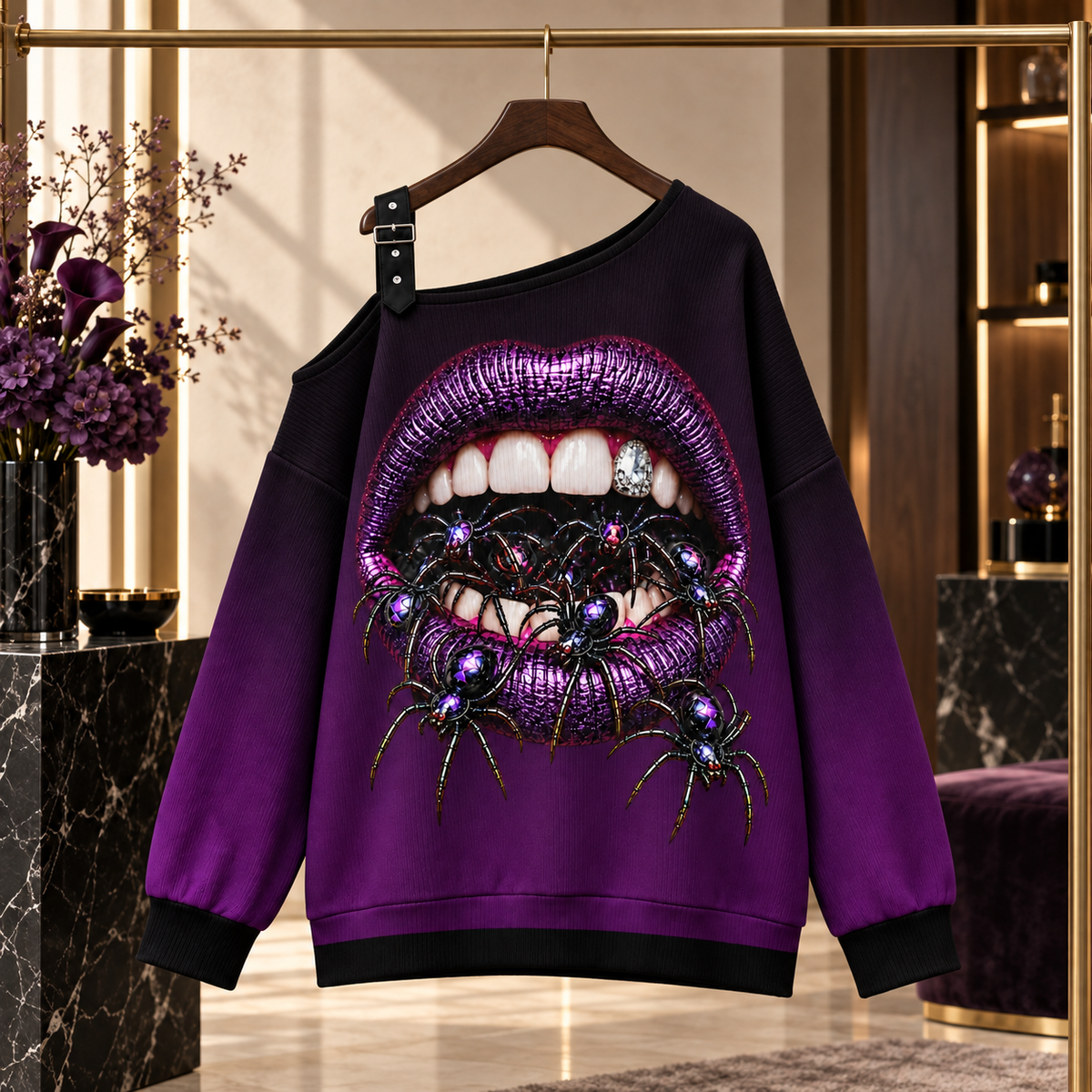 VENOMOUS purple spider off-the-shoulder sweatshirt displayed in a boutique